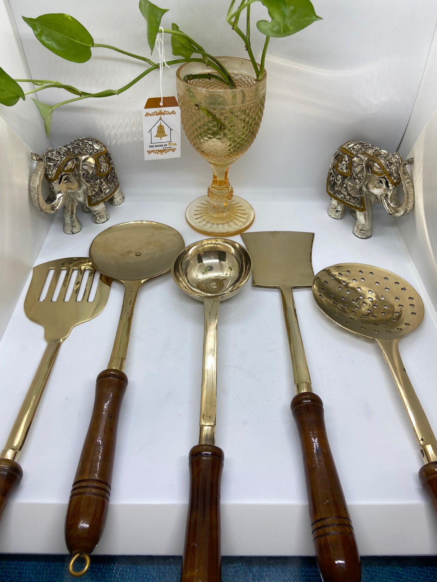 Brass Cooking Ladles with wooden Handles (Set of 5)