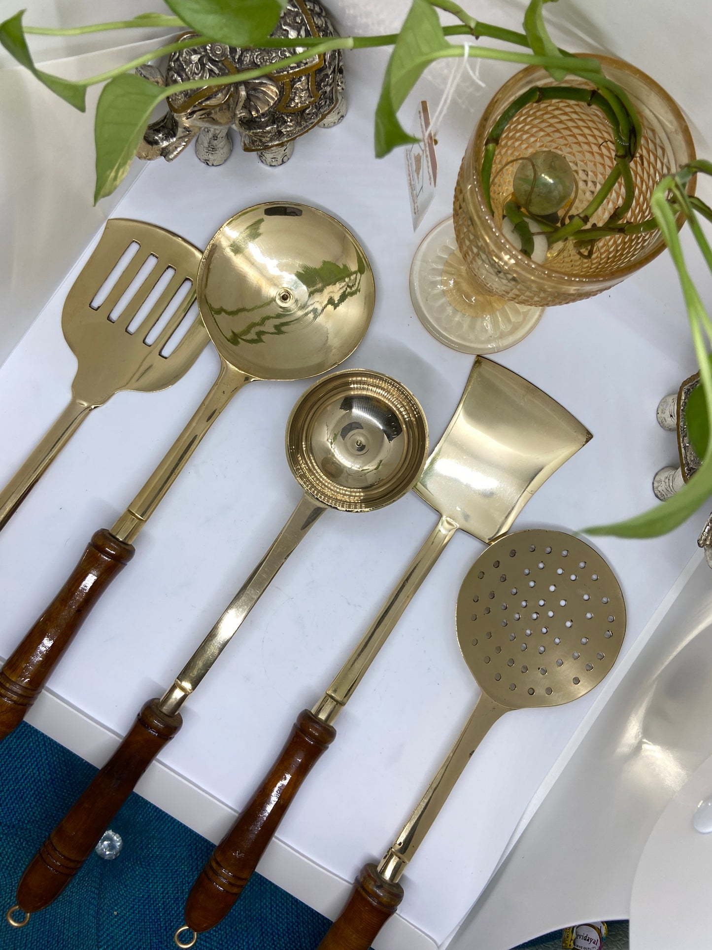 Brass Cooking Ladles with wooden Handles (Set of 5)